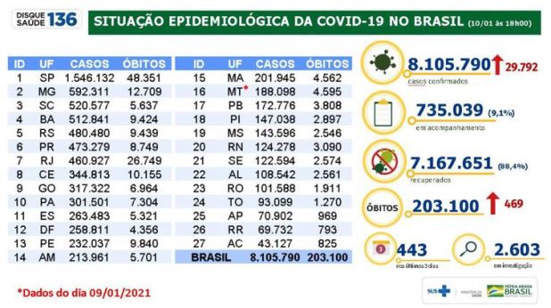 Brasil tem 8,1 milhões de casos confirmados de covid; foram 29.791 novos em 24 horas