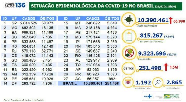 Covid-19: Brasil registra 1.541 mortos em 24 horas e total ultrapassa 250 mil