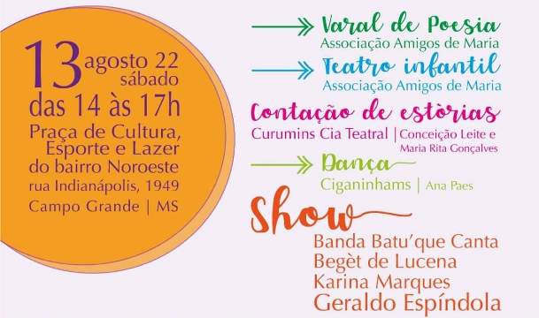 Campo Grande: evento cultural no Jardim Noroeste neste sábado, com teatro infantil, varal de poesias e show de Geraldo Espíndola