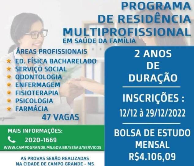 Abertas inscrições para residência em saúde em Campo Grande: 47 vagas para Educação Física, Enfermagem, Farmácia, Fisioterapia, Odontologia, Psicologia e Serviço Social com bolsa de R$ 4 mil